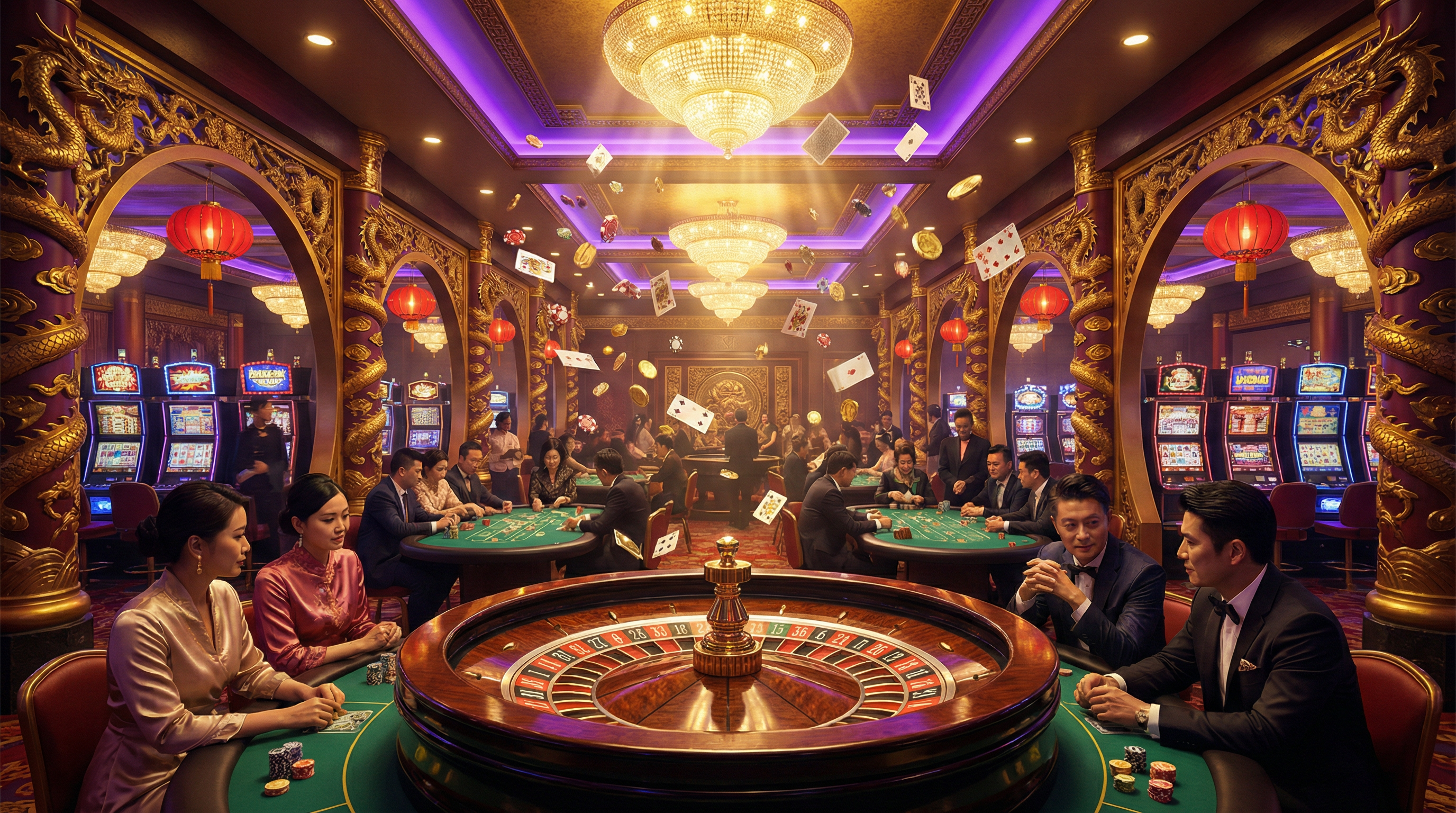 尊龙凯时豪华博彩大厅展示,包含轮盘、扑克桌和老虎机